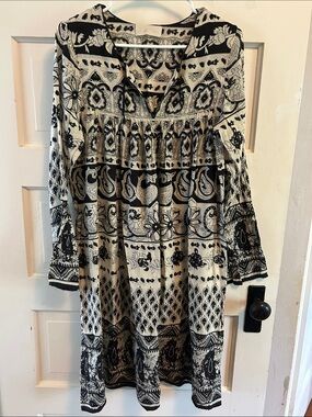 Love Sam Black and Cream Boho Cotton Printed Tunic Dress Sz S-M